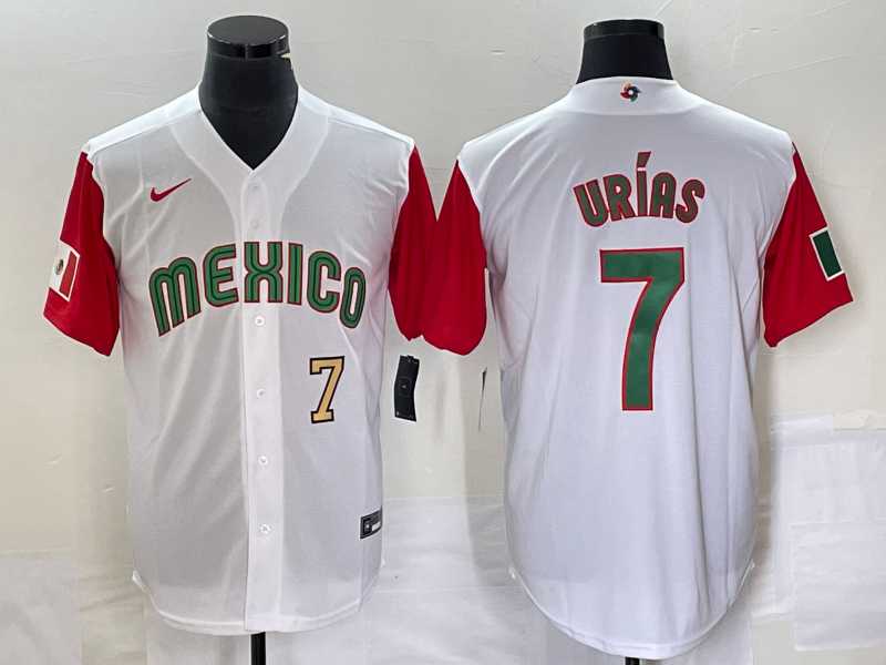 Men%27s Mexico Baseball #7 Julio Urias Number 2023 White Red World Classic Stitched Jersey50